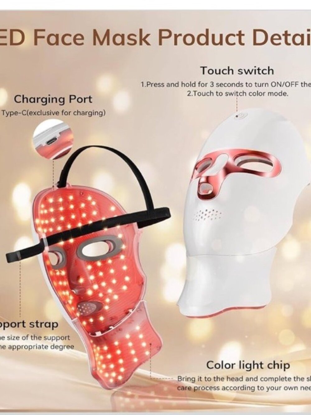 Cordless LED Face and Neck Mask 7 Color Light Therapy Red Light Rechargable - Picture 5 of 9